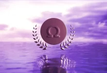 a circular logo with leaves over water