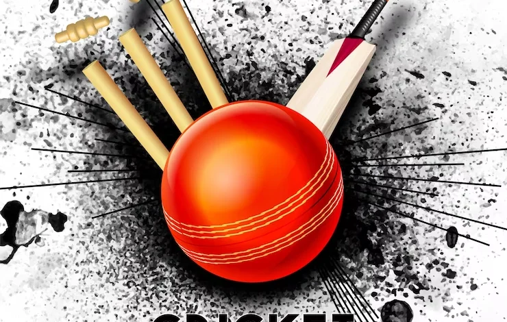 a red ball with white thread and wooden bats on a black and white background